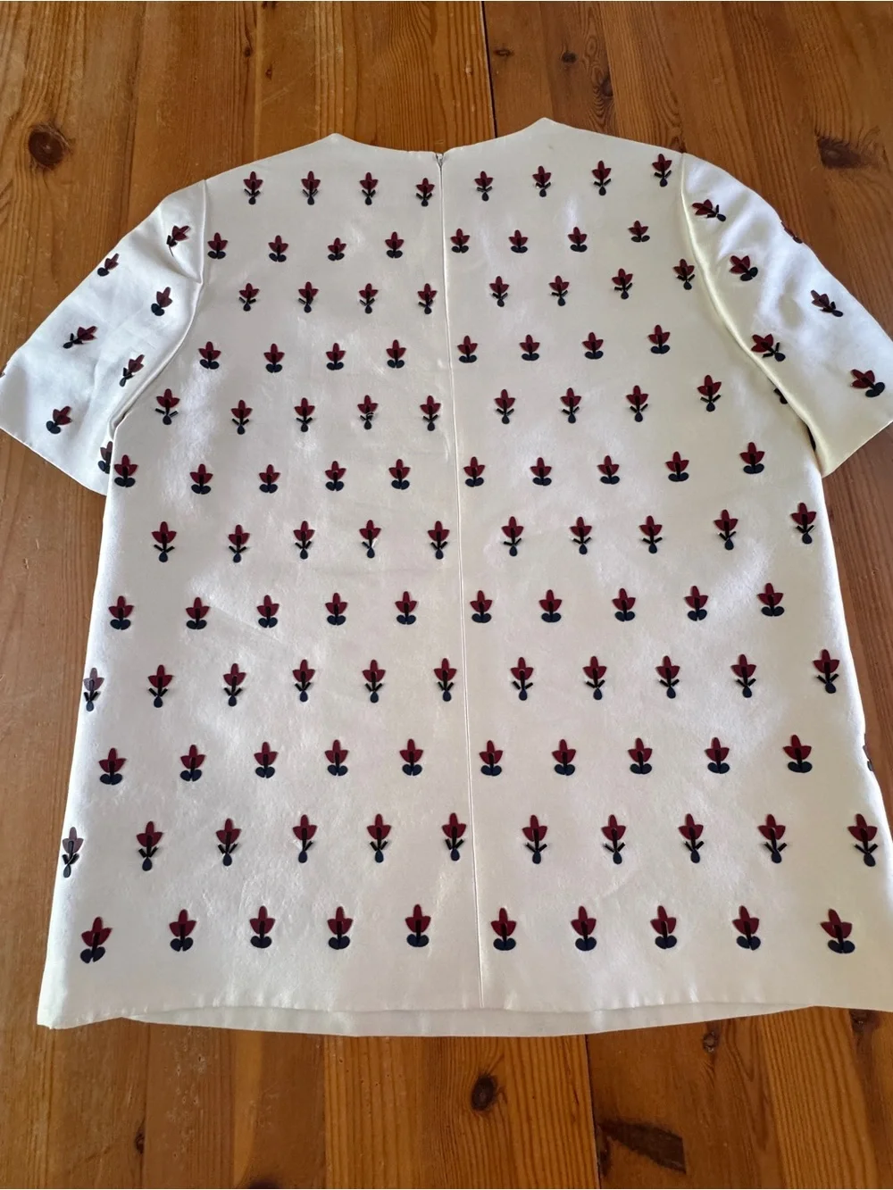 Tory Burch Cream Short-Sleeve Top with Red and Black Beaded Embroidery